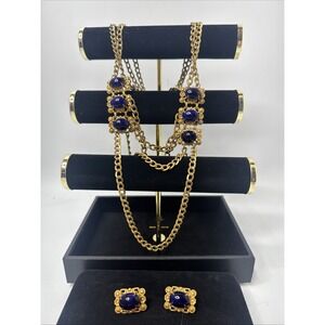 Vintage  signed Miriam Haskell Gold Tone Lapis Necklace  & Earrings